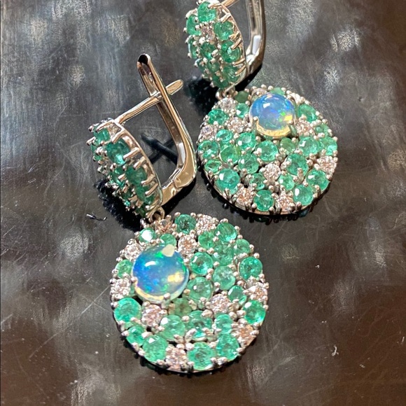 Fascinating Genuine Emerald Fire Opal Earrings - Picture 17 of 17